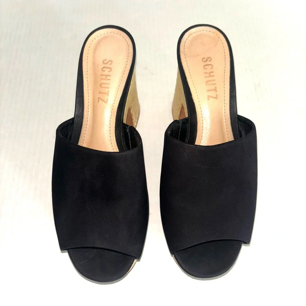 Schutz Tharley Black Suede Open-Toe Platform Block Heeled Mules Sandals Size 6.5